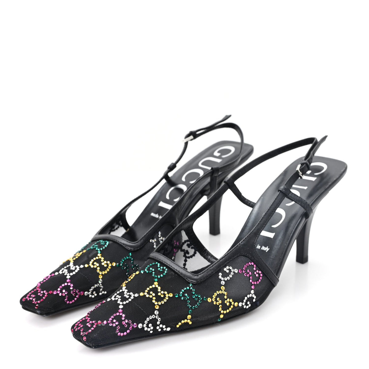 Tela Retino Nappa Charlotte Crystal GG Monogram Square G 75mm Slingback Pumps 39.5 Black