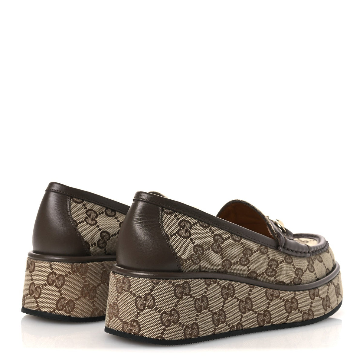 Monogram Horsebit Calfskin Womens Horsebit Wedge Platform Loafers 37 Beige Ebony