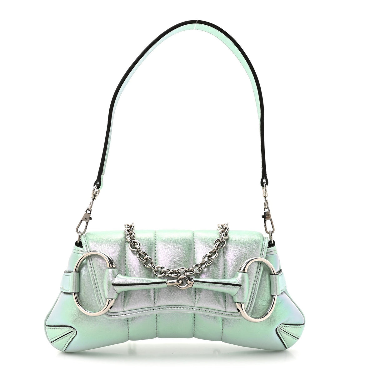 Iridescent Nappa Vertical Matelasse Small Maxi Horsebit Chain Shoulder Bag Iridescent Salvy Green