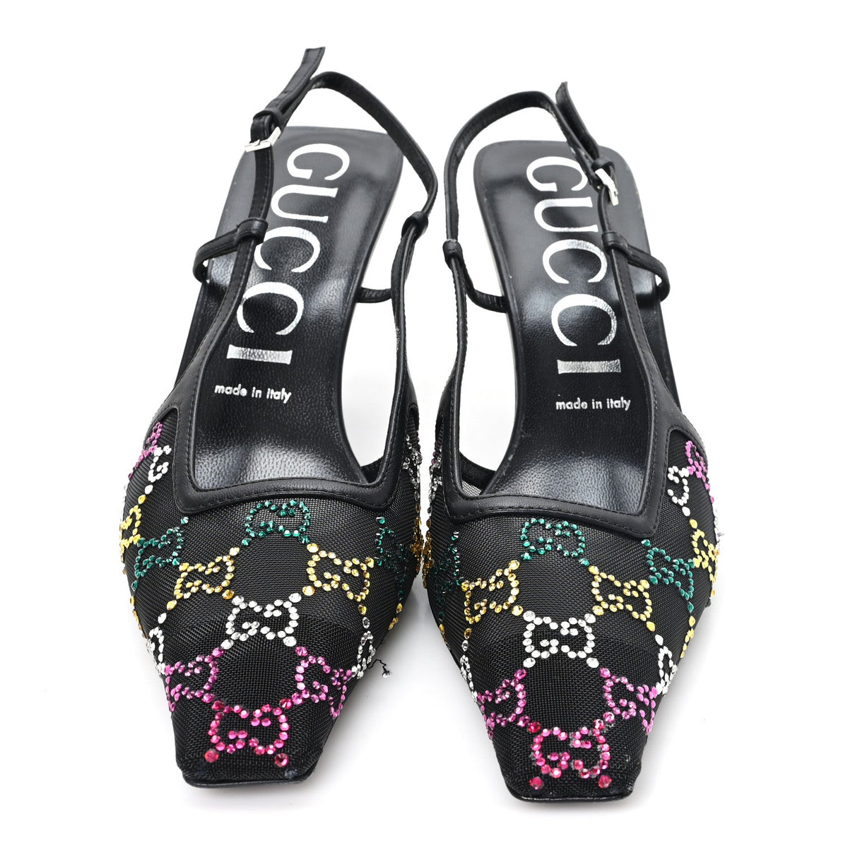 Tela Retino Nappa Charlotte Crystal GG Monogram Square G 75mm Slingback Pumps 39.5 Black