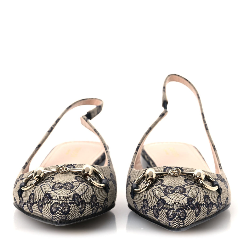 Monogram Horsebit Womens Slingback Ballet Flat 37.5 Beige Blue