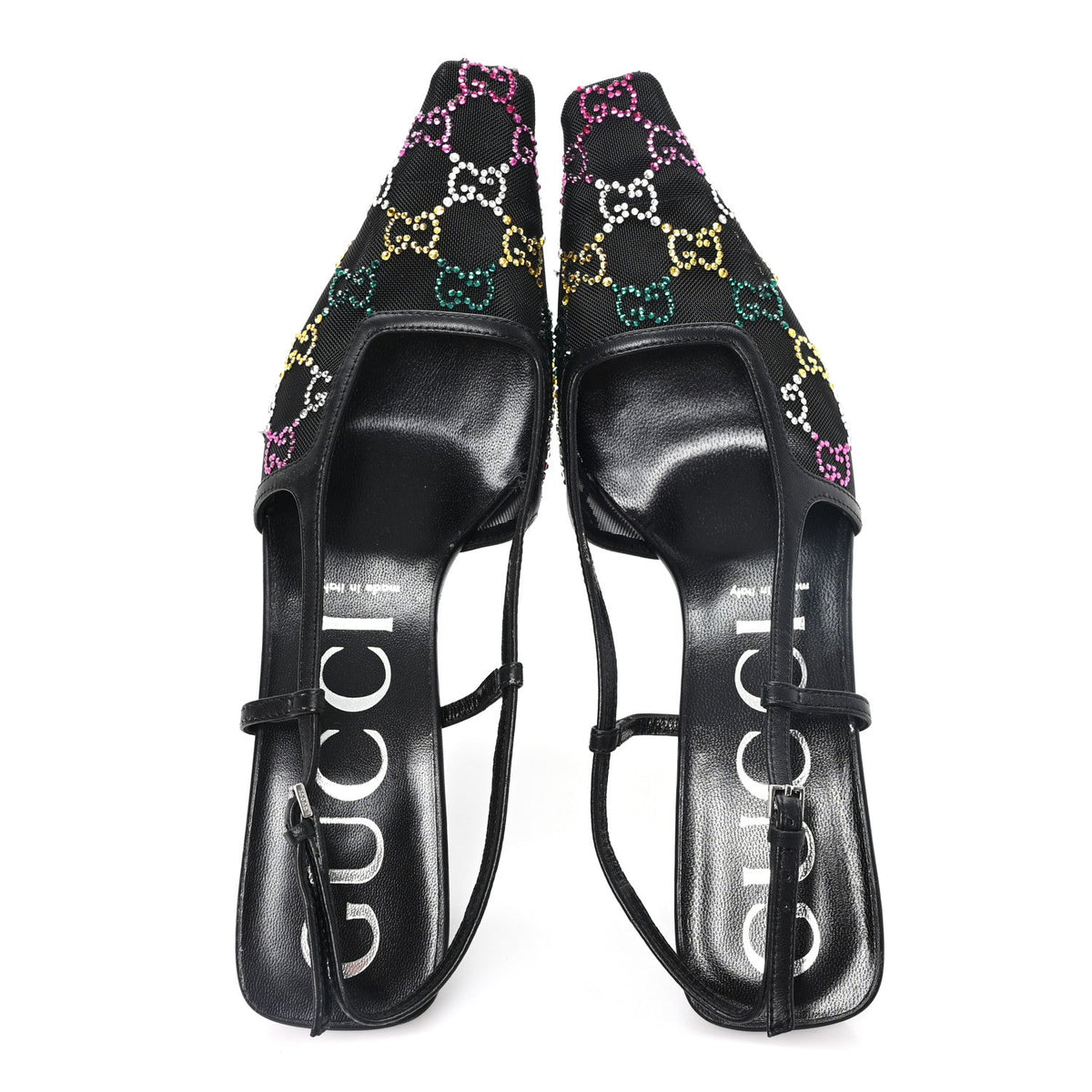 Tela Retino Nappa Charlotte Crystal GG Monogram Square G 75mm Slingback Pumps 39.5 Black