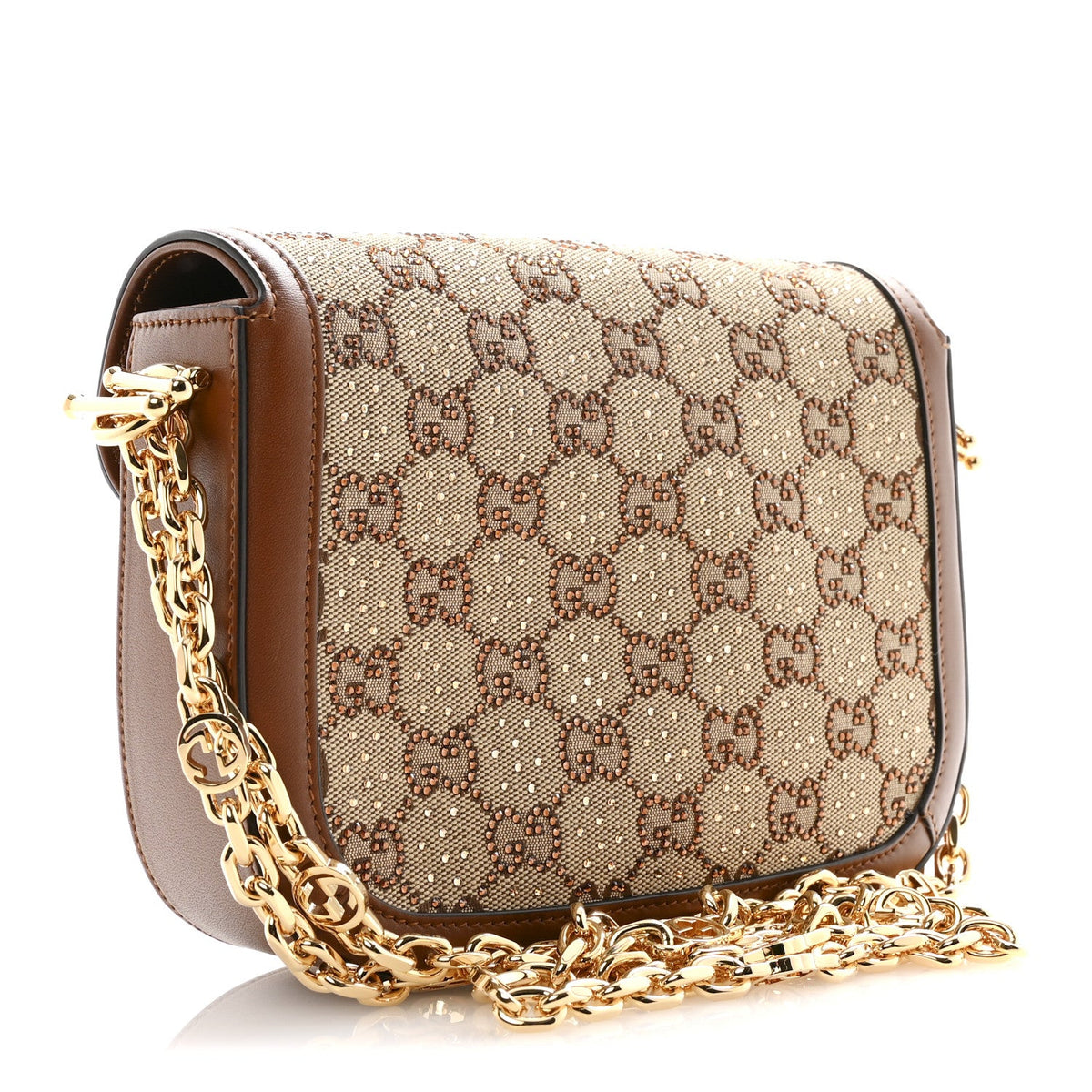 New Canvas Charisma Calfskin Crystal GG Monogram Mini Horsebit 1955 Shoulder Bag Camel Ebony
