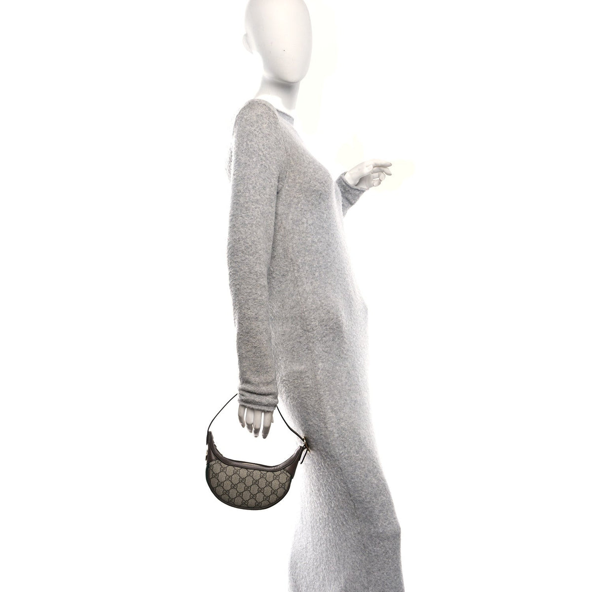 GG Supreme Monogram Textured Calfskin Web Mini Ophidia Half Moon Hobo Beige Ebony New Acero