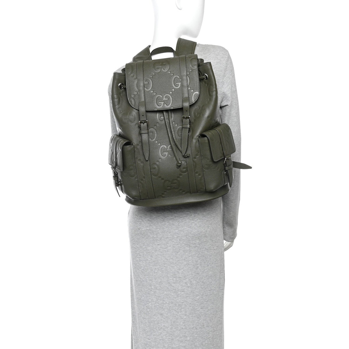 Piuma Calfskin Jumbo GG Embossed Double Buckle Backpack Dark Vintage Olive