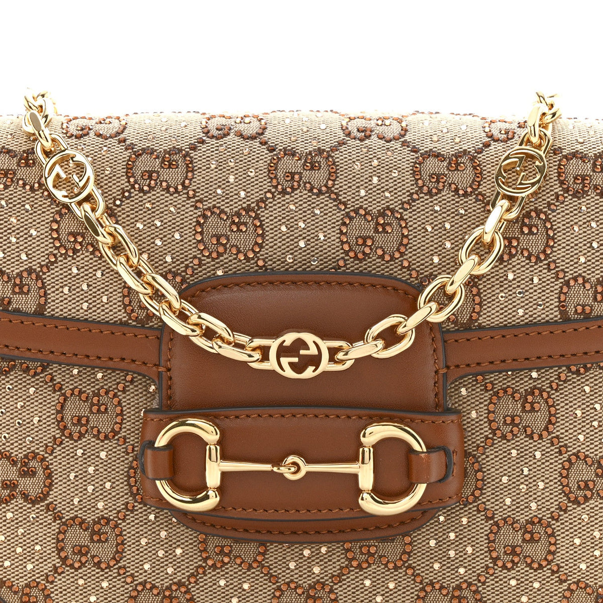 New Canvas Charisma Calfskin Crystal GG Monogram Mini Horsebit 1955 Shoulder Bag Camel Ebony