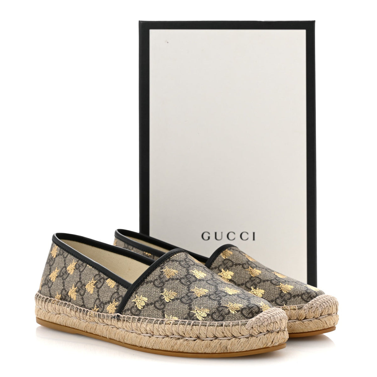GG Supreme Monogram Bees Espadrille Flats 38 Beige Ebony Oro Black