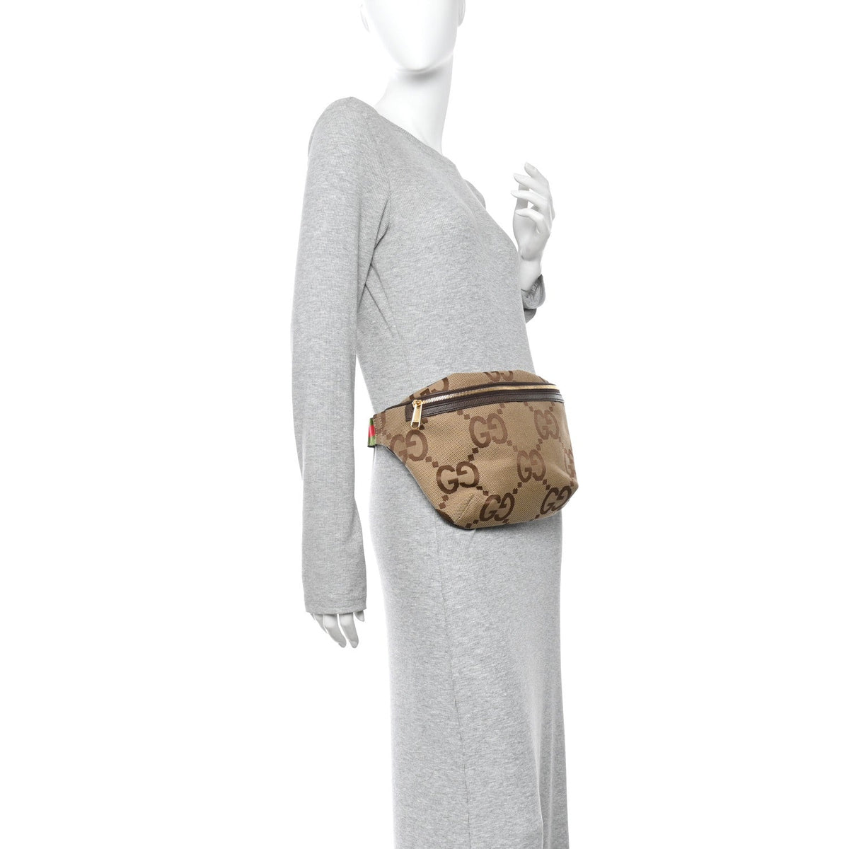 Monogram Jumbo GG Textured Dollar Calfskin Web Belt Bag Camel Ebony New Acero