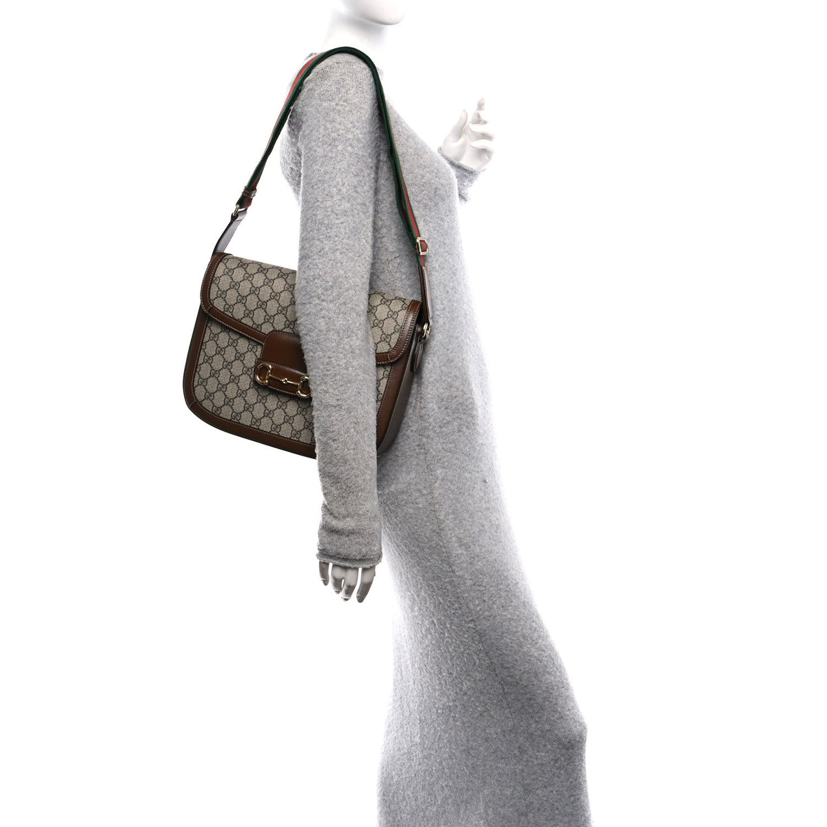 GG Supreme Monogram Azalea Calfskin Web Medium Horsebit 1955 Shoulder Bag Beige Ebony Brown Sugar