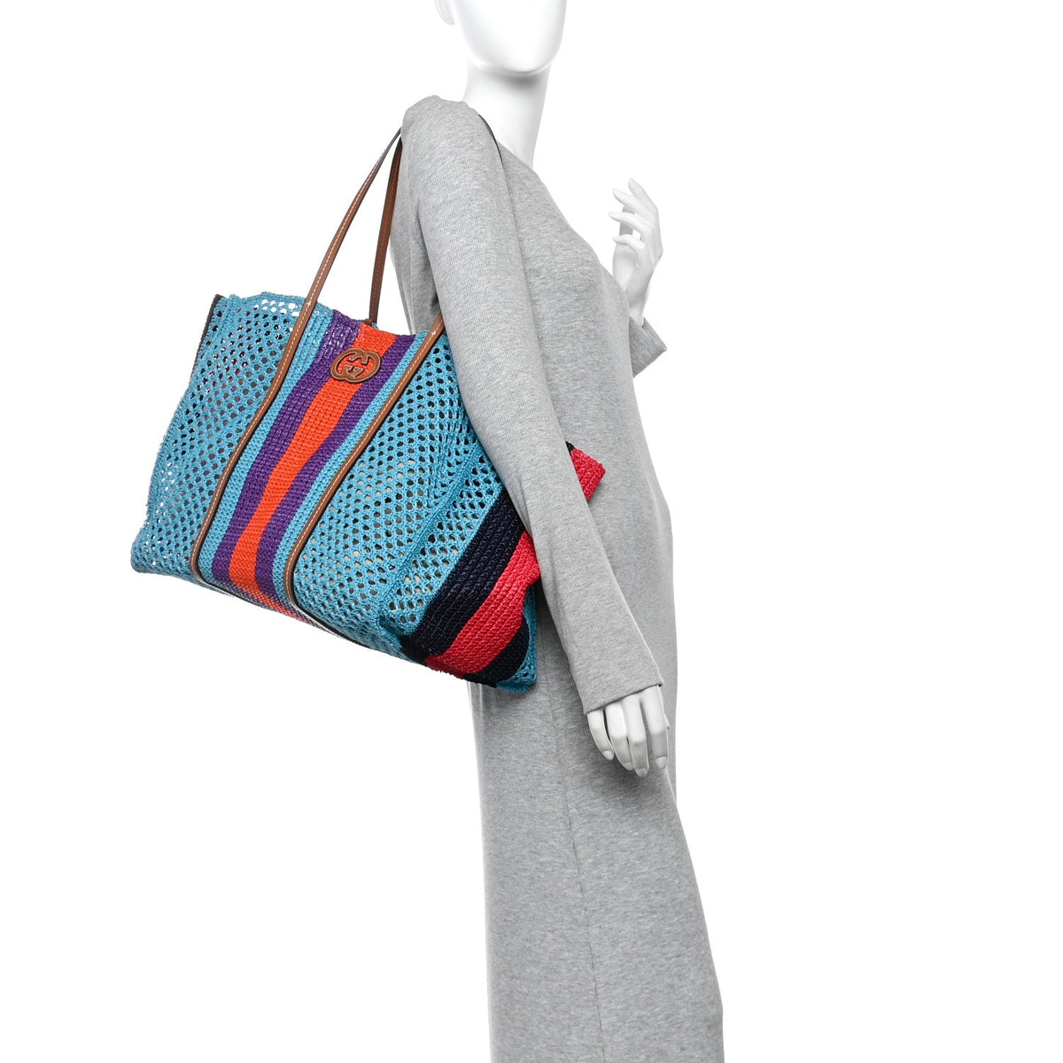 Raffia Web Woven Interlocking G Tote Blue Multicolor