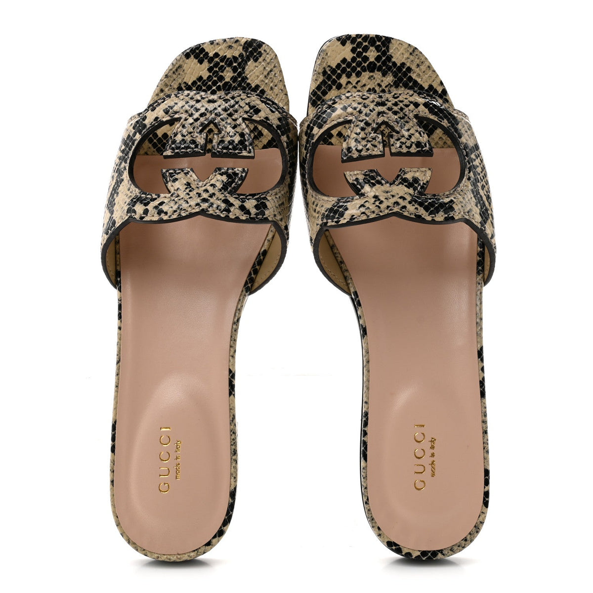 Calfskin Python Print Interlocking G Cut Out Slide Sandals 38.5 Beige Avana