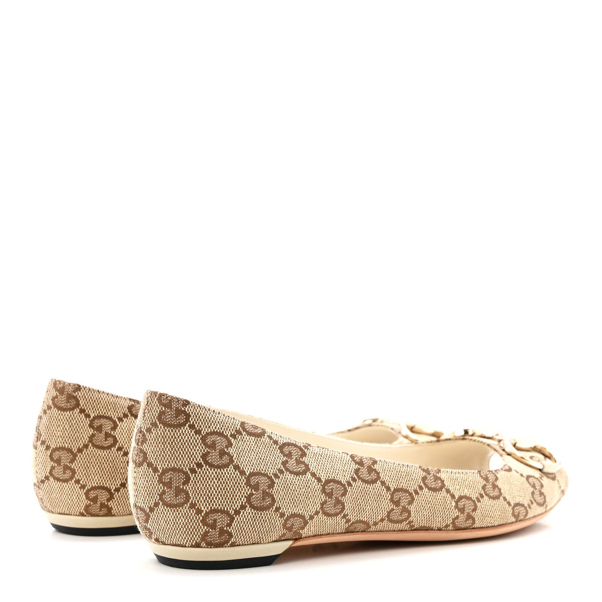 Monogram Miro Soft Calfskin Womens Horsebit Peep Toe Flats 6 Beige Ebony Mystic White