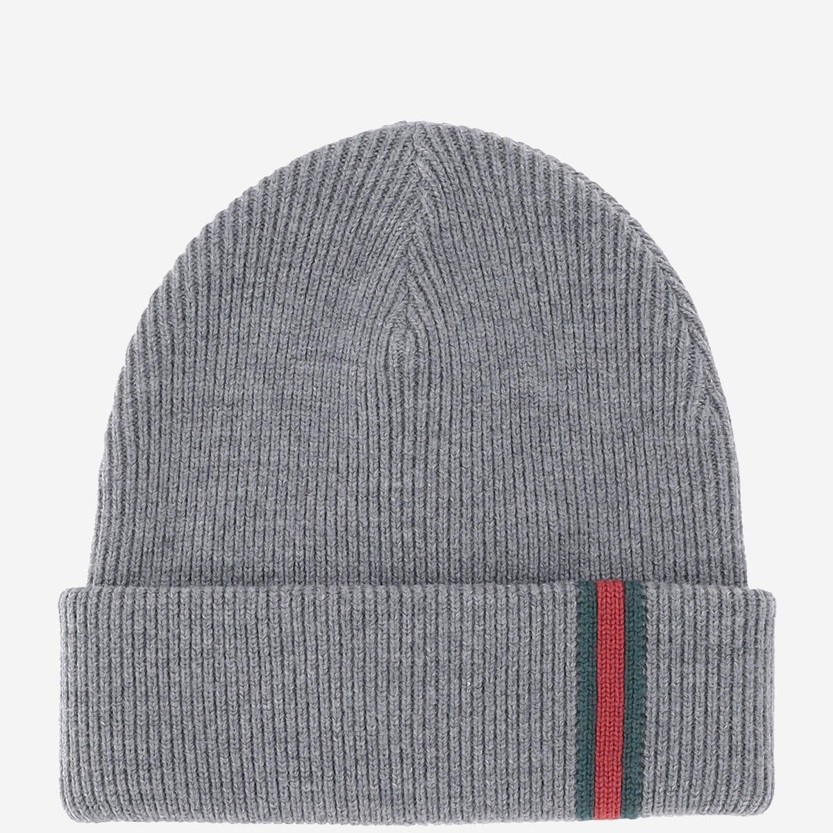Gucci 834192 Wool Ribbed with Web Stripe Beanie — Gray